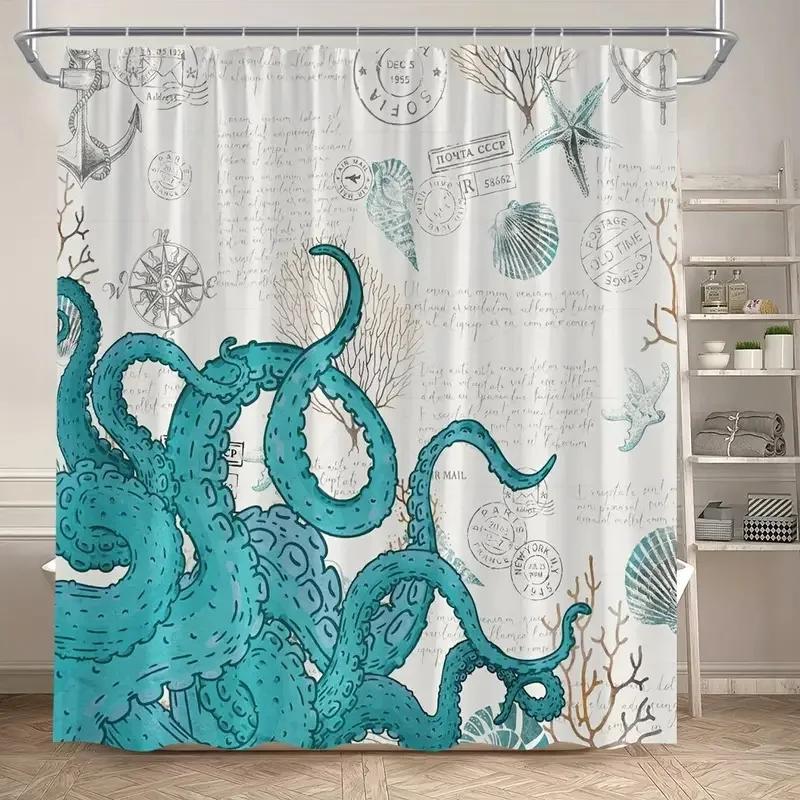 Vintage Nautical Octopus Waterproof Shower Curtain Navy Blue Mermaid Fun Ocean Sea Monster Bath Shower Curtain Anchorage Map