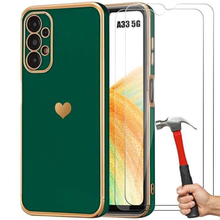 Coque pour Samsung Galaxy A33 5G - Vert Nuit - Antichoc - Motif Cœur - 2 Verres Trempés