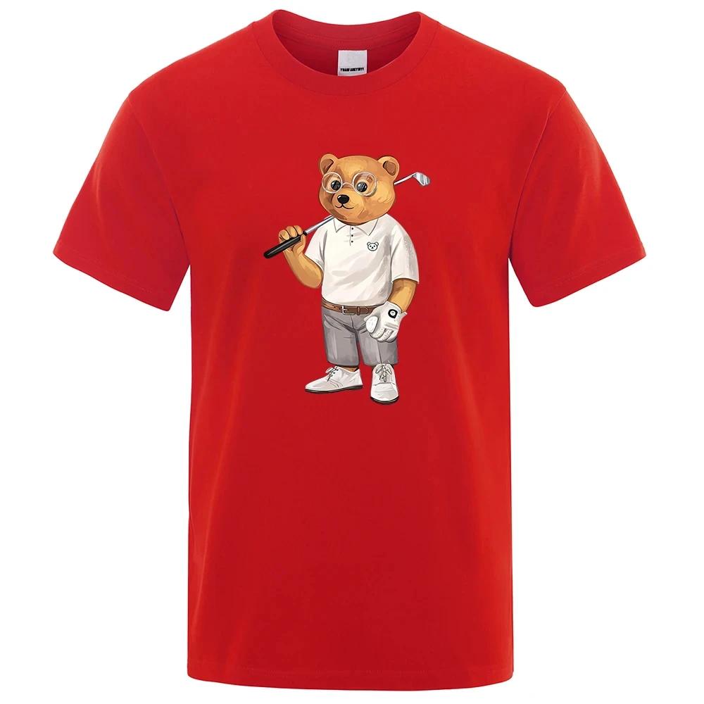 Gentleman Teddy Bear Playing Golf Men T Shirts Summer Cotton Sweat T-Shirts Breathable Loose Clothes Hip Hop Street Short Sleeve