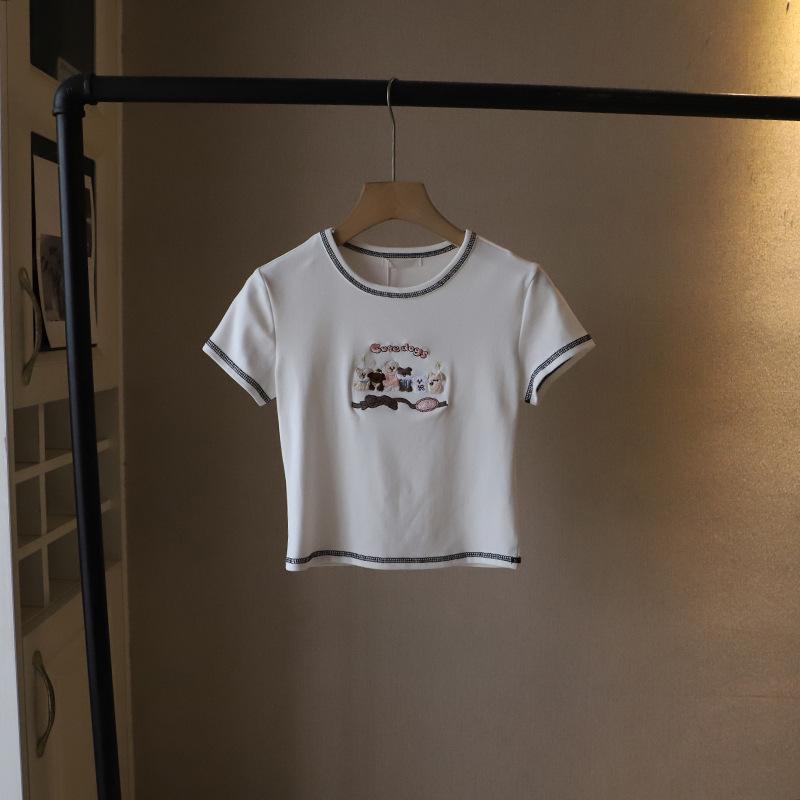 2025 Korean Style Cartoon Embroidered Slim Fit Cute Short Sleeve T-Shirt for Women