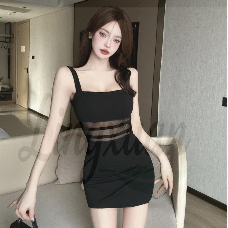 Elegant Mesh Patchwork Slim Fit Cotton Camisole Dress Large чёрный