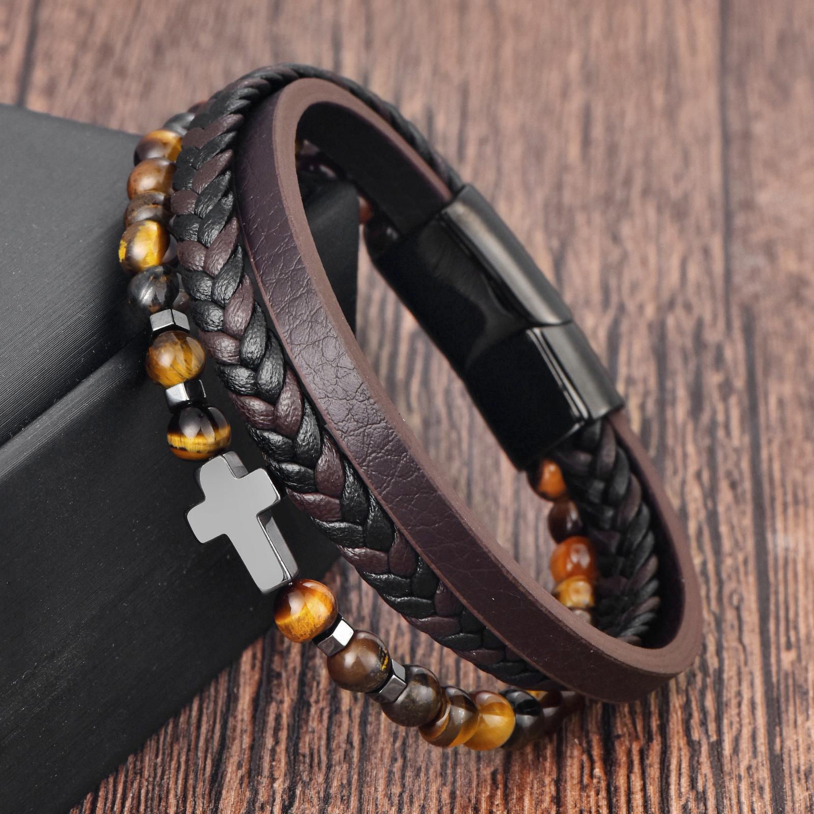 Cross Leather Rope Cowhide Men s Double Layer, Natural Stone Woven Bracelet Handmade Multi-Layer Leather Bracelet 2026 21CM