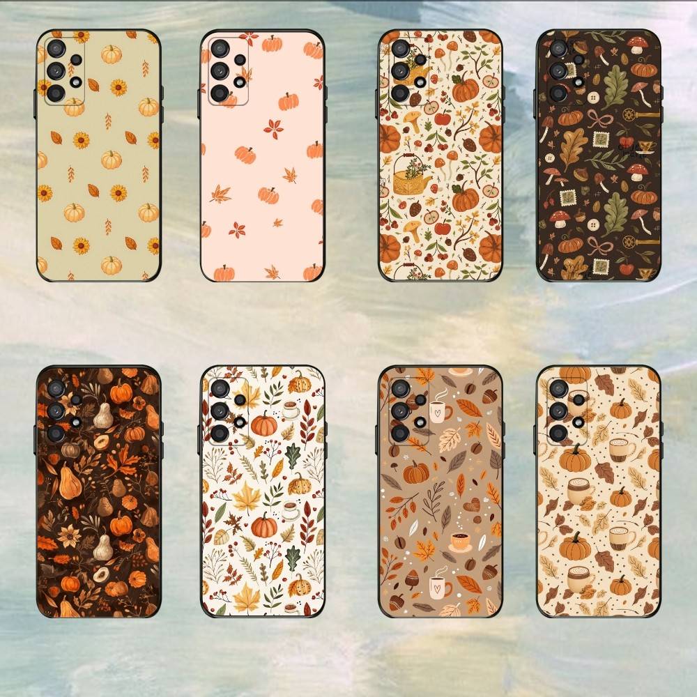 Funda de Teléfono Hojas de Otoño Calabaza Para Samsung S25,S24,S21,S22,S23,S30,Ultra,S20,Plus,Fe,Lite,5G Funda Negra