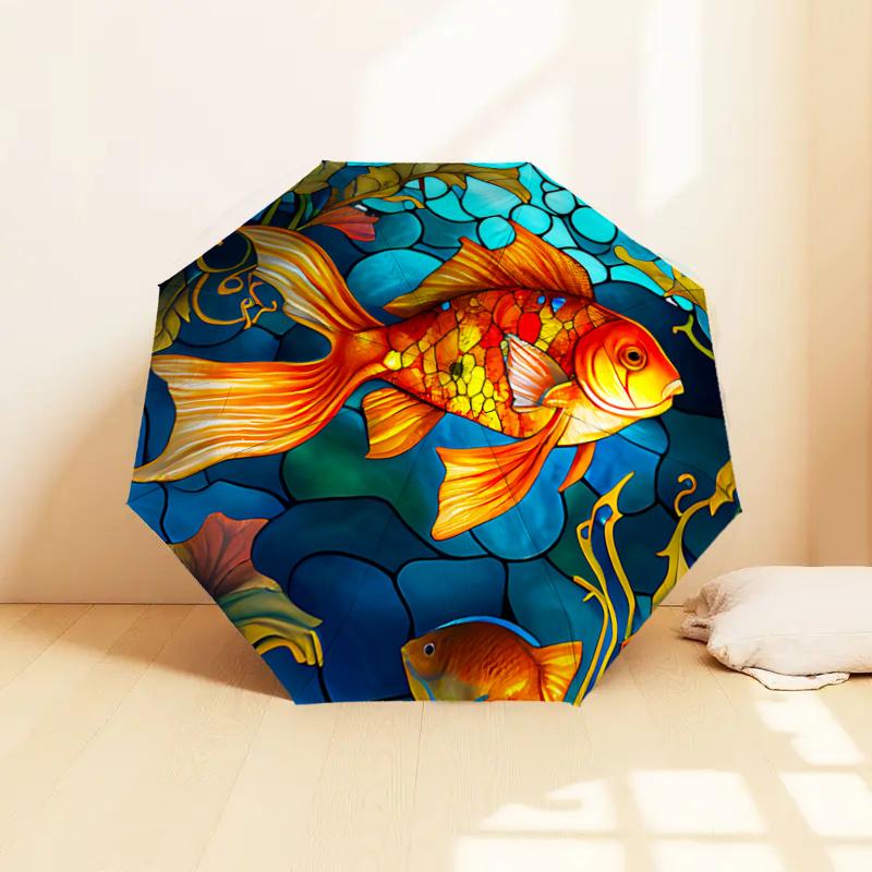 Stained Fish Design Automatic Opening Folding Umbrella with Iron Frame Perfect for Fans,Travelers,Daily Use,and Festive Gifts!1121009a