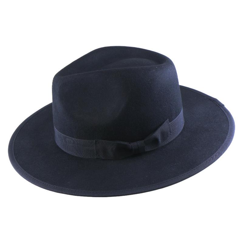 

Wind Wool Felt Hat Feather Cowboy Hat Flat Brim Jazz Hat L（58-60cm） чорний
