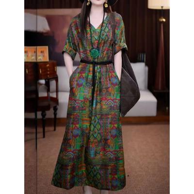 Women's Summer Vintage Ethnic Print V Neck Loose Maxi Dress With