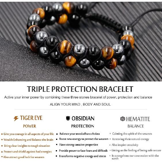 HASKARE Triple Protection Bracelet for Men - Genuine Tigers Eye Black Obsidian Hematite 8mm Natural Stone Beads Stretchy Healing Crystal Jewelry,