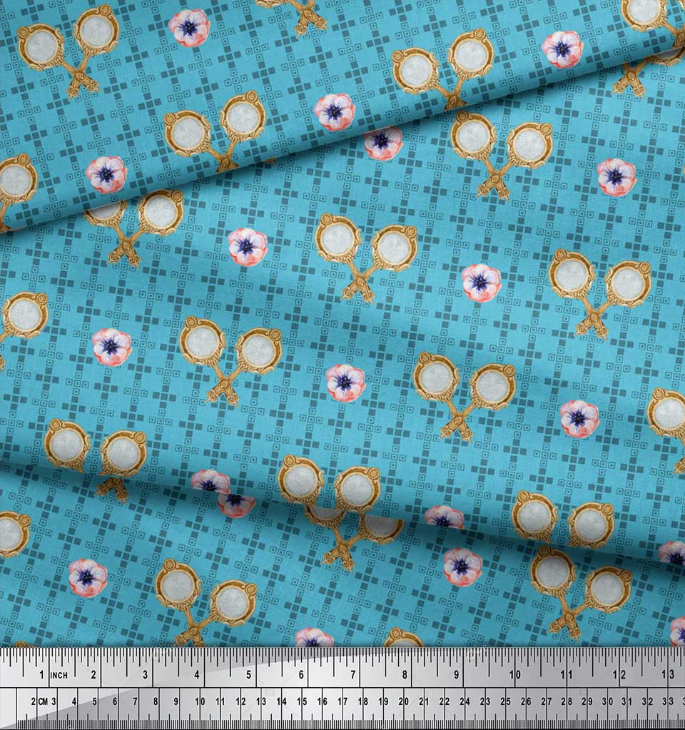 Soimoi Green Japan Crepe Satin Fabric Geometric,Anemone & Hand Mirror Vintage Fabric Prints By Metre 42 Inch