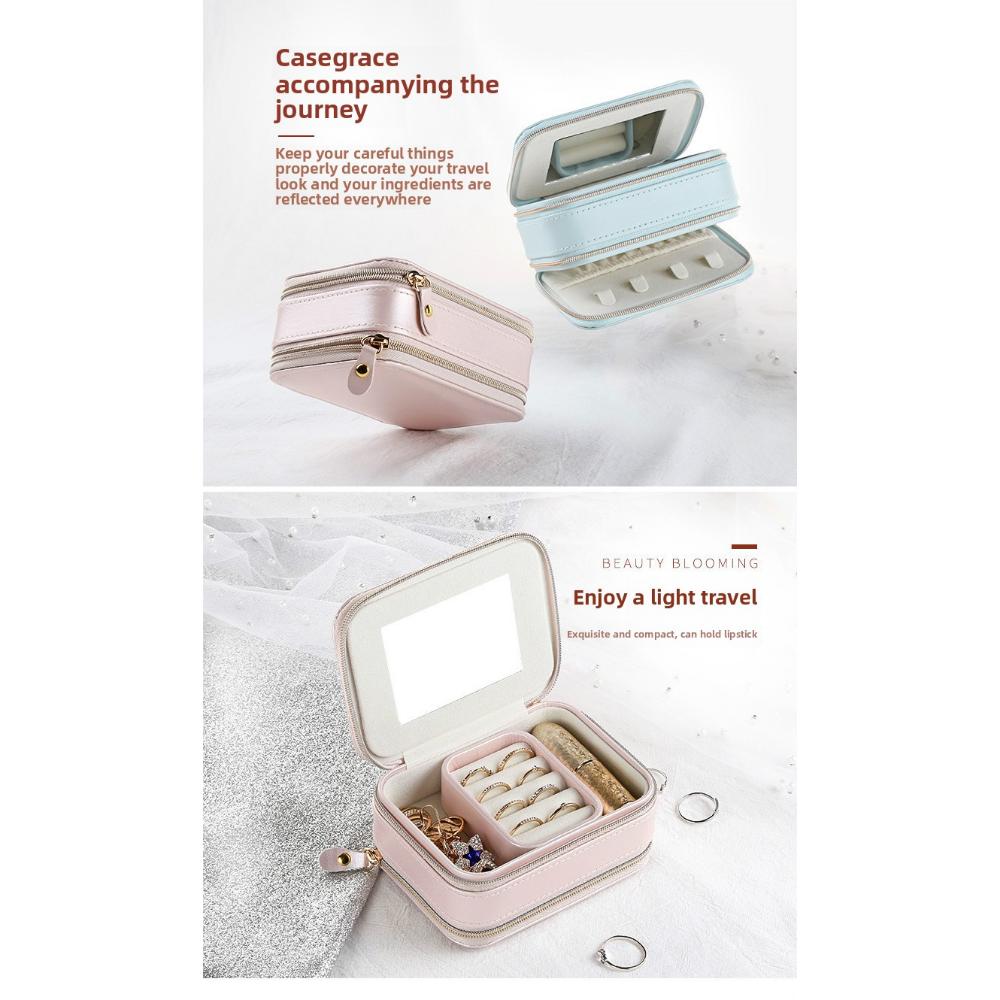 Double Zipper Jewelry Portable Storage Box Ring Earrings Necklace Jewelry Box PU Leather Lipstick Vanity Case