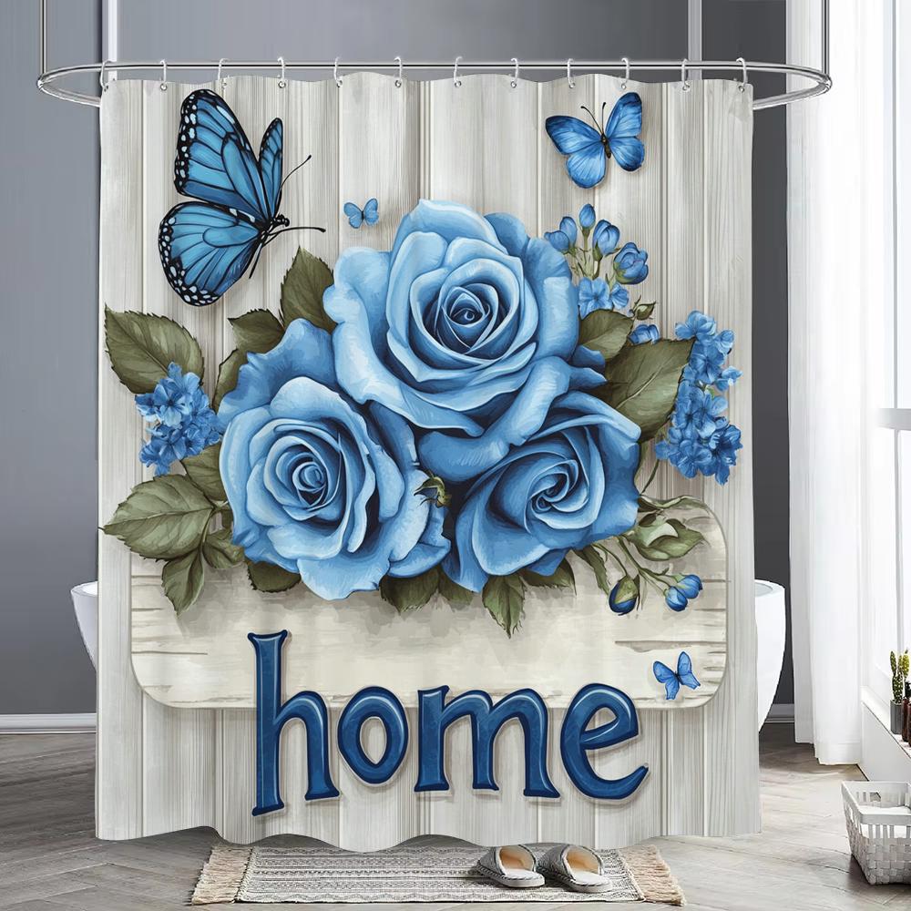 Flowers And Butterflies On Retro Wooden Boards Shower Curtain, Bathroom Shower Curtain, Waterproof Shower Curtain With Hooks