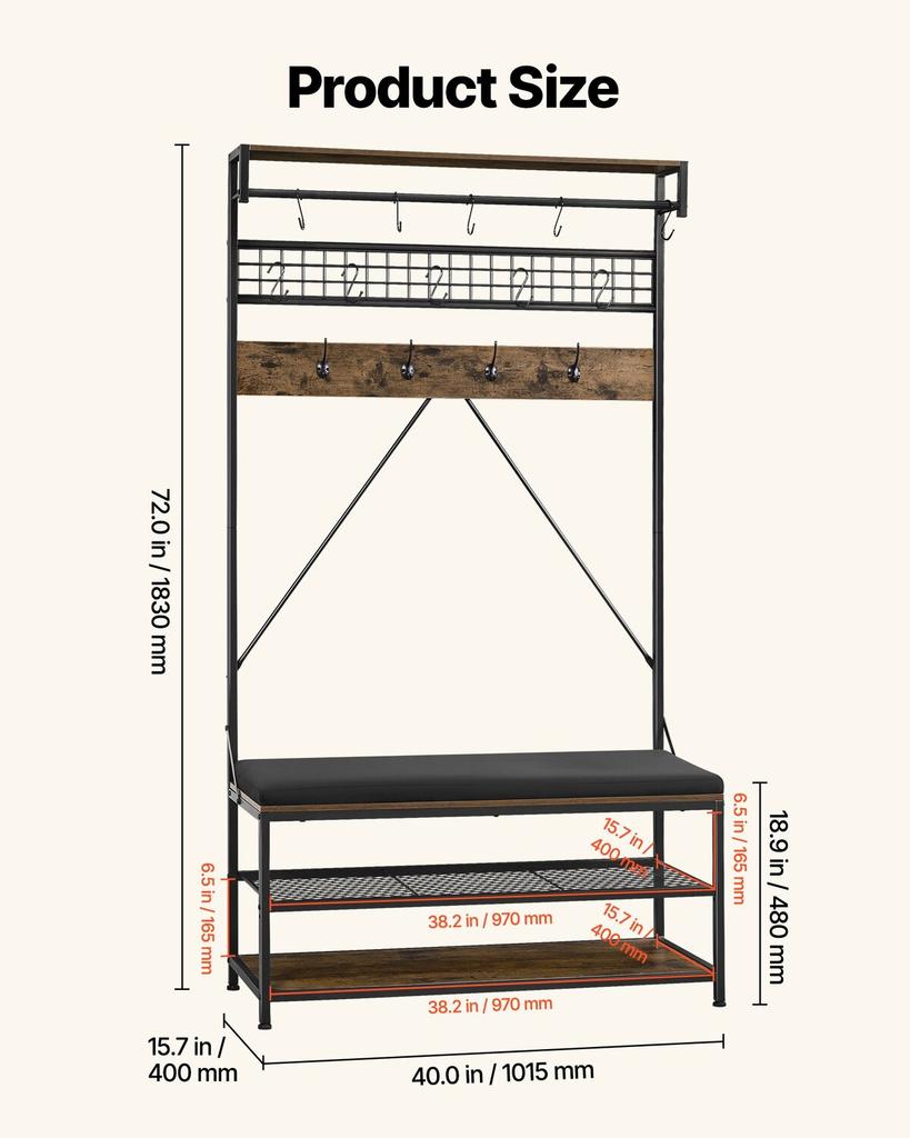 Hall Tree, 1830 mm Coat Rack with Shoe Bench, 2-Tier Freestanding Shoe Rack Storage Organizer with Hooks, Hanging Rod and Wire Shelf, Steel Frame