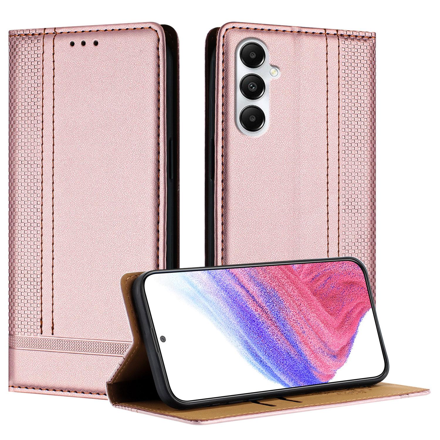 

For Samsung Galaxy A05s 4G Case L-Shaped Grid Pattern Leather Stand Phone Cover with Card Slots Rose Gold