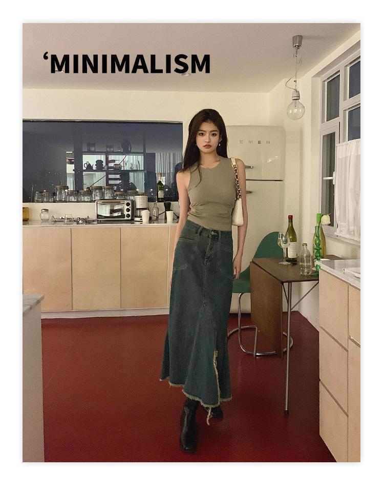 2026 Spring/Summer Women's Frayed Hem Irregular Slit Denim Long Skirt