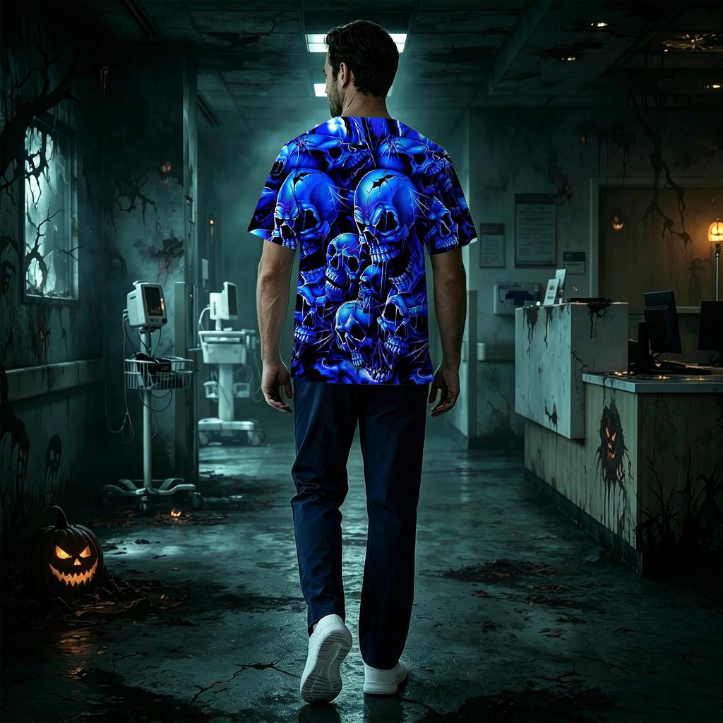 Men's V-Neck Short Sleeve Scrub Top with Print and Chest Pocket for Halloween