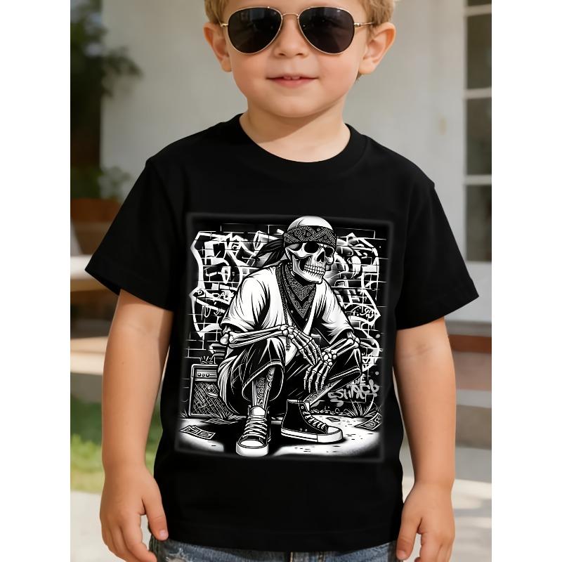 Boys Crewneck Short Sleeve Tee, Cool Chicano Mexican Gangster Skeleton Print Comfort Casual Top