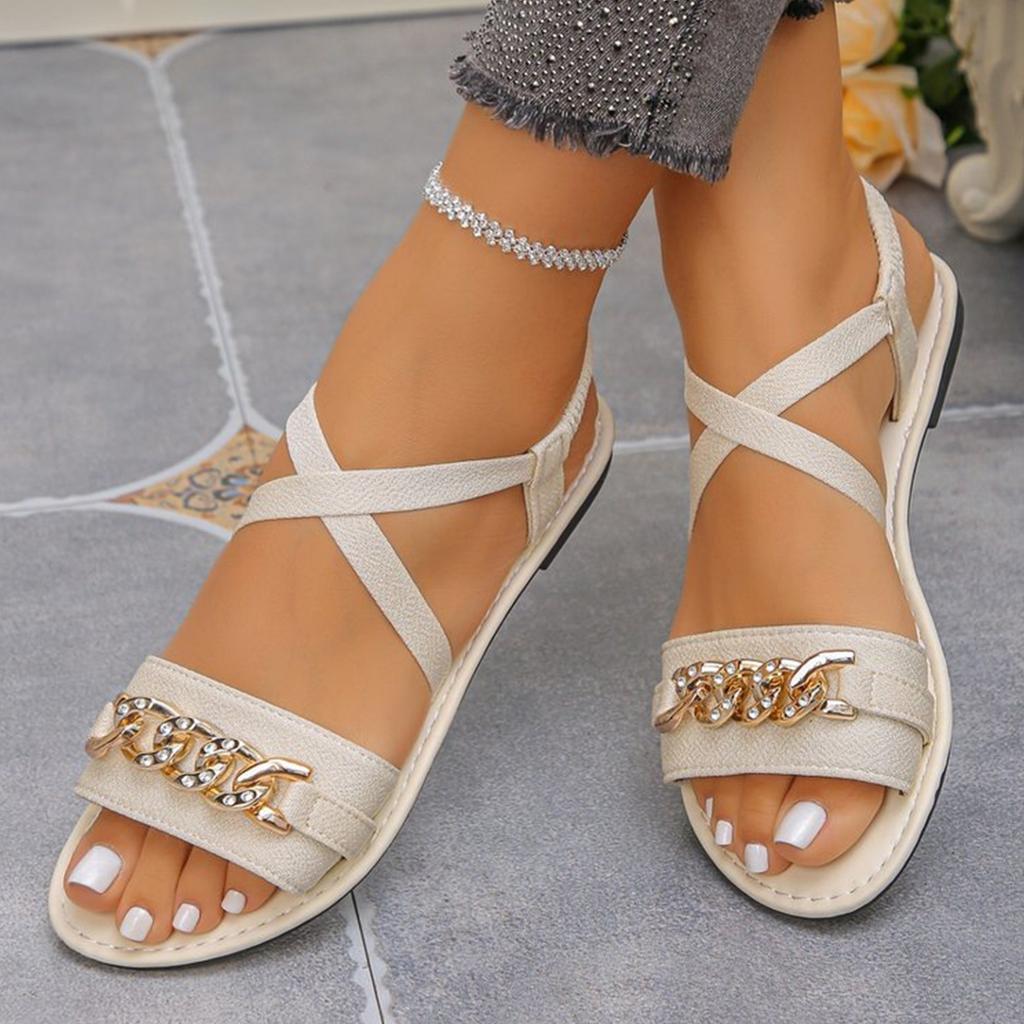 Women's Flat Sandals with Elastic Back Strap Chain Accent Open Toe Slip On Summer Casual Footwear for Outdoor and Indoor Wear
