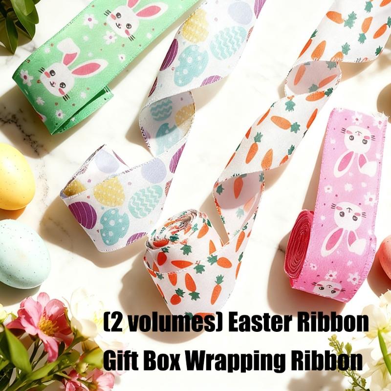2 Pack Colorful Decorative Ribbons Easter Celebration Ribbon Polyester Texture for Easter Gift Wrapping and Home Decors