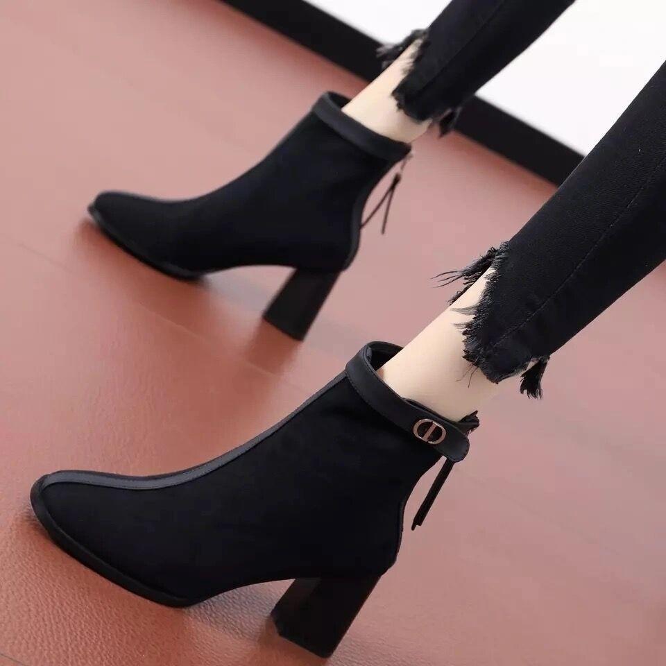 Weiche Lederstiefeletten mit mittlerem Absatz Herbst und Winter neu dicker Absatz matte Stiefel Französisch retro dünne Stiefel Wildleder Mode Stiefel Damen