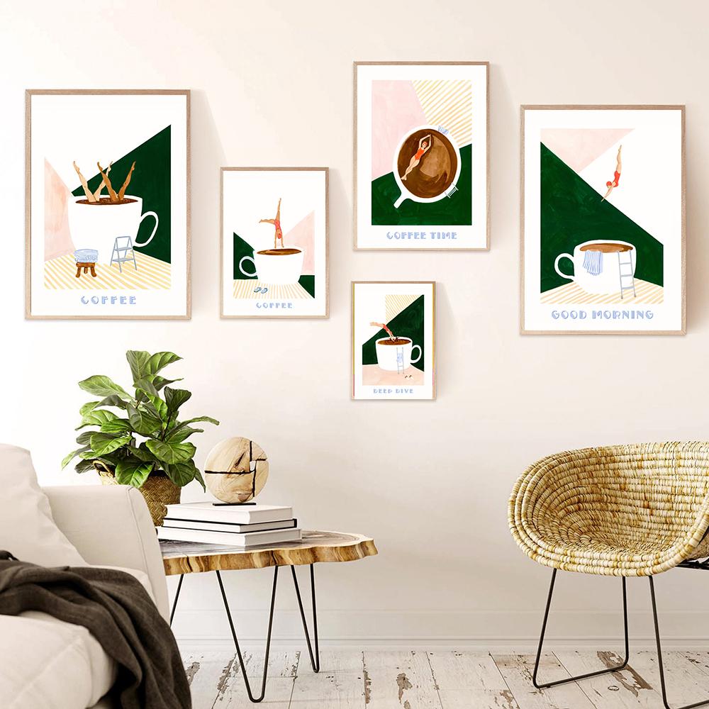 Kaffeplakat Lerretsmaleri God Morgen Kaffe Svømmer Dypdykk Trykk Moderne Nordisk Veggkunst Bilder til Kjøkken Hjemmedekor