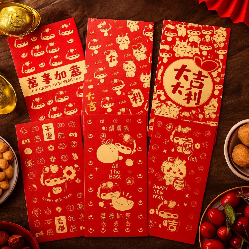 6pcs Gold Stamping 2026 New Year Red Envelope Blessing Paper Lucky Red Pocket Traditional Money Packets Birthday Gift