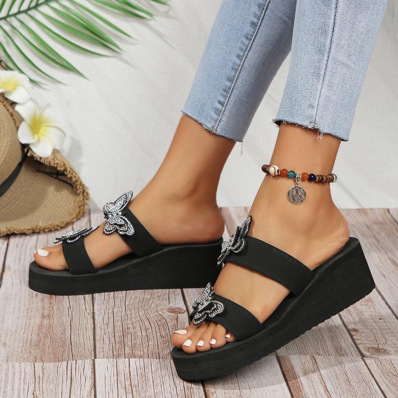 Summer New Slope Heel Sandals Women's Round Head Open Toe Sequin Butterfly Knot Thick Soled Non-slip Slippers
