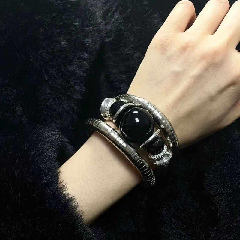 New Arrival Three-Layer Black Stone Elastic Bracelet Fashion Sweet Cool Sexy Special-Interest Design Stylish Vintage Bracelet Heavy Industry Bracelet