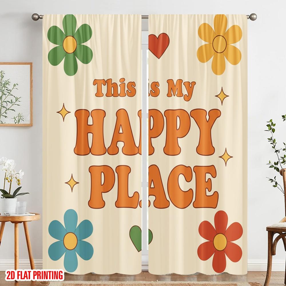 2pcs 2D Flat Printing Curtain Retro Flower Happy Place Fabric Without Electricity Family Party Use for All Occasions
