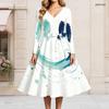 Women Plus Size V Neck Long Sleeve Printed A Line Dress White Teal Tie Waist Flared Midi