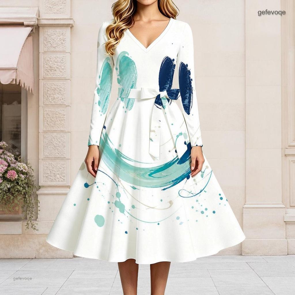 Women Plus Size V Neck Long Sleeve Printed A Line Dress White Teal Tie Waist Flared Midi