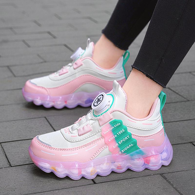 28-38 Children's Pink Leather Waterproof Rotation Buttons Sports Shoes Boys Basketball Sports Shoes Girl Sports Shoes