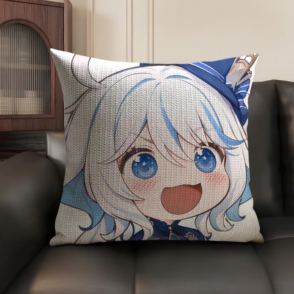 Furina Cute Genshin Impact Cushion Cover Natural Linen Organic Fabric Double-Sided Printing Sofa Home Decor Gift Pillow Case