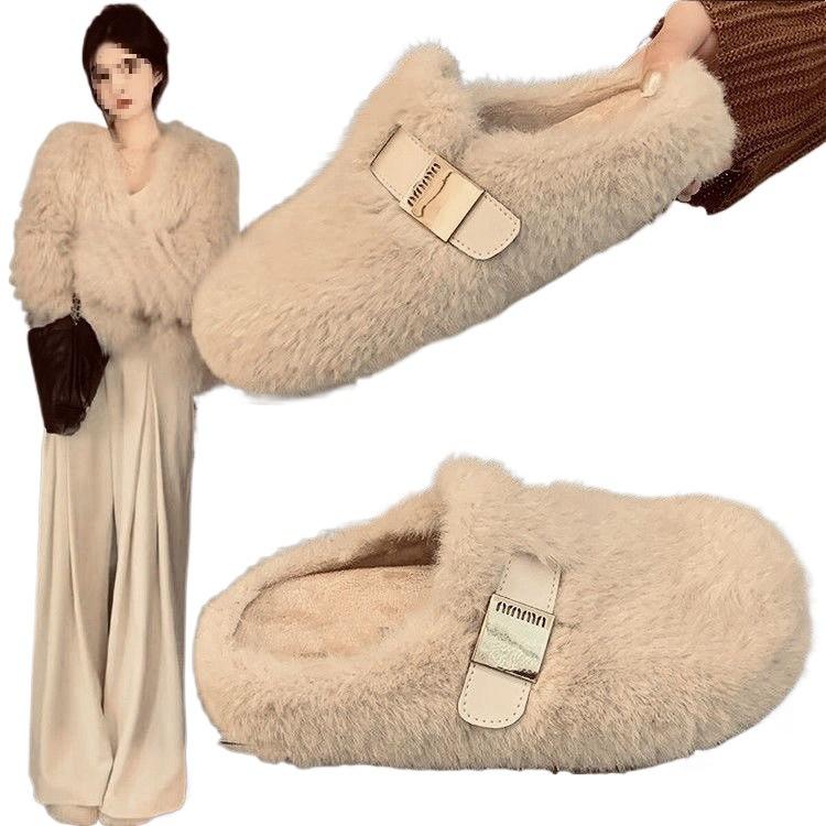 Retro fluffy slippers women's 2025 new autumn and winter soft bottom outer wear crystal plush versatile cotton drag women
