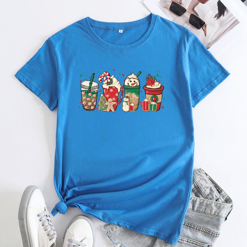 Summer Loose Christmas Print Pure Cotton Round Neck Short Sleeved T-Shirts Women’s