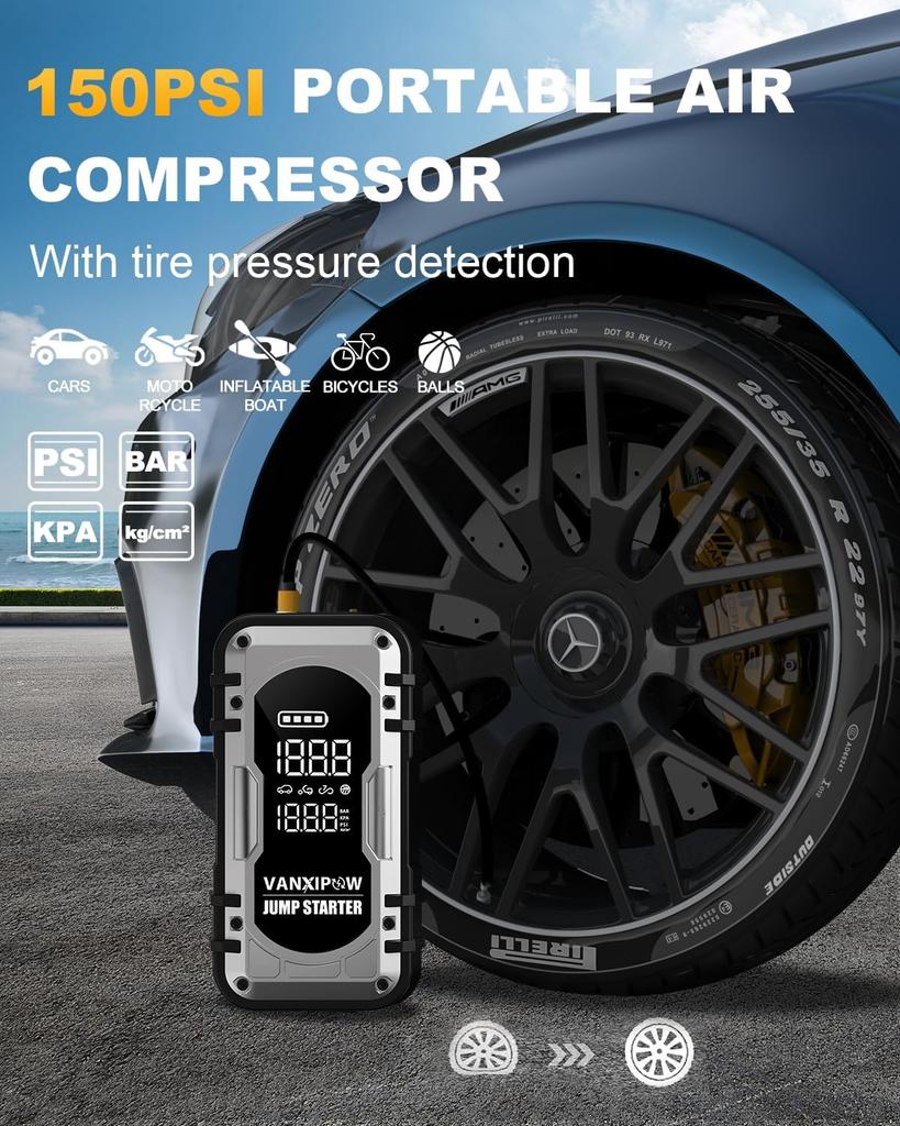 Portable 12V Car Jump Starter with Air Compressor, 4500A, 150PSI, 600Lm LED Light, Large Display, Power Bank
