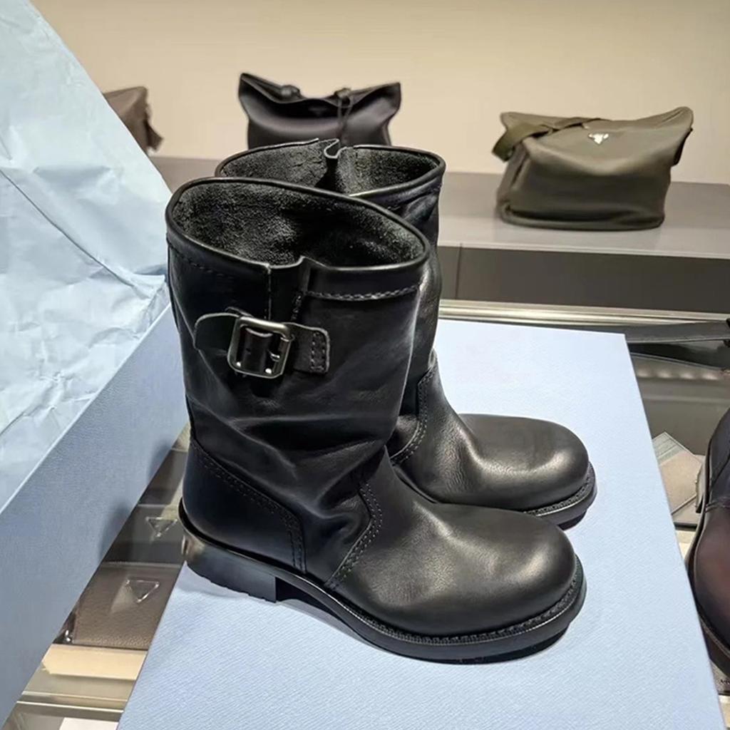 Cowhide Version~ 2025 New Super Soft Mid-tube Western Cowboy Boots Women's Thick Heel Round Head Knight Boots Short Martin Boots