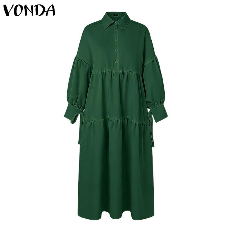 VONDA Elegant Women Lapel Neck Long Sleeve Casual Long Shirts Dress
