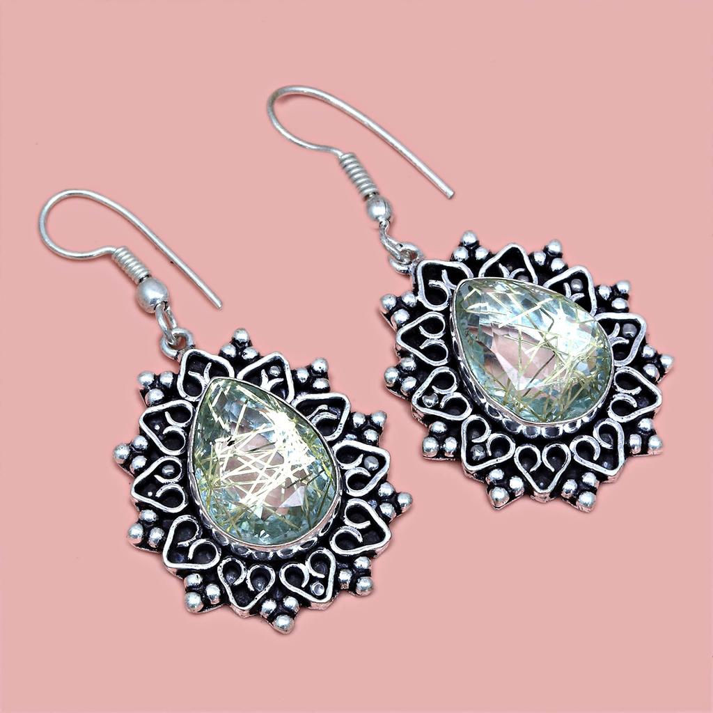 Rutile  Golden Set Earring Jewelry 18-20'' Pendant Quartz Sterling