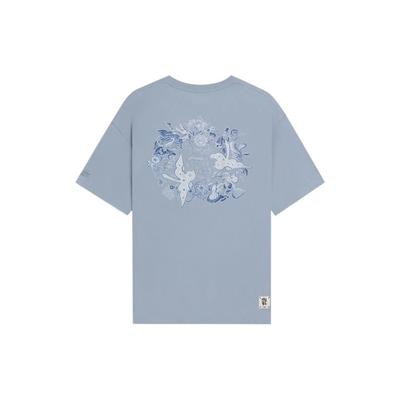 Li Ning Sports Trend Series Floral Print Loose Round Neck Short Sleeve T-Shirt Unisex Tops Soft-Gray-Blue AHSS755-2