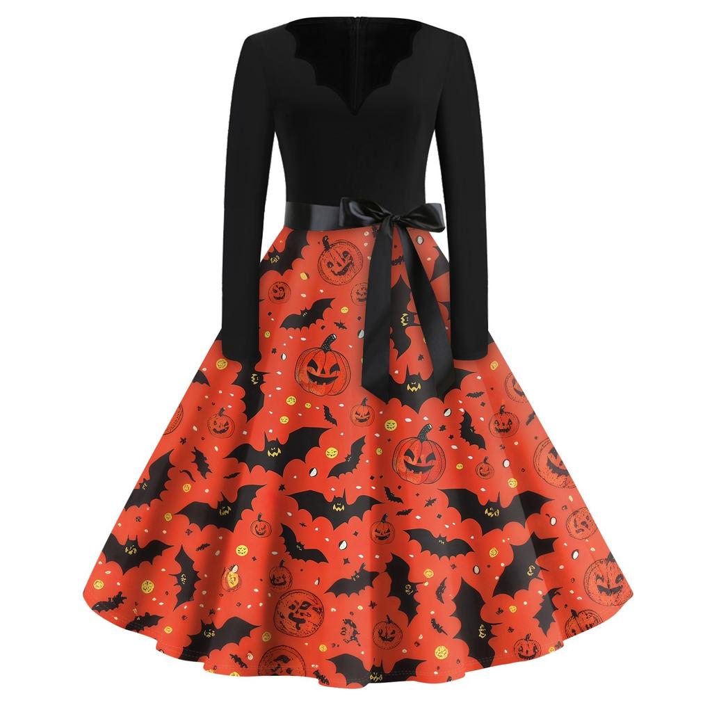 Vestido flare estampado de Halloween para mulheres vestido de manga comprida vestido casual de festa vazado