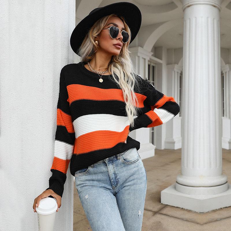 Vintage Fashion Elegant Casual Sweater Dressy Thin Section of Long-sleeved Loose Striped Knit Sweater Women