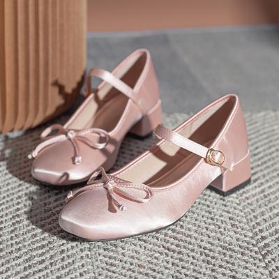 Fashion Women/girl's Pink Silk Pumps Sweet Bowtie Mary Janes Shoes Woman Square Toe Silk Tacones Ballerina Shoes Med-hgh Heels Bow Shoes