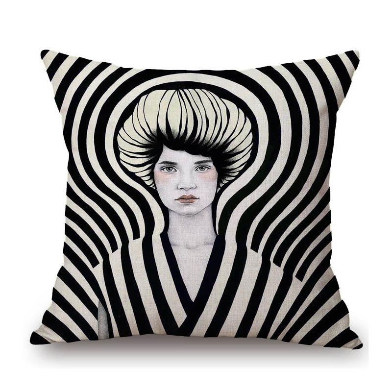 Modern Art Surrealism Black White Strips Girl Fashion Art Home Decoration Sofa Throw Pillow Case Cotton Linen Cushion Cover