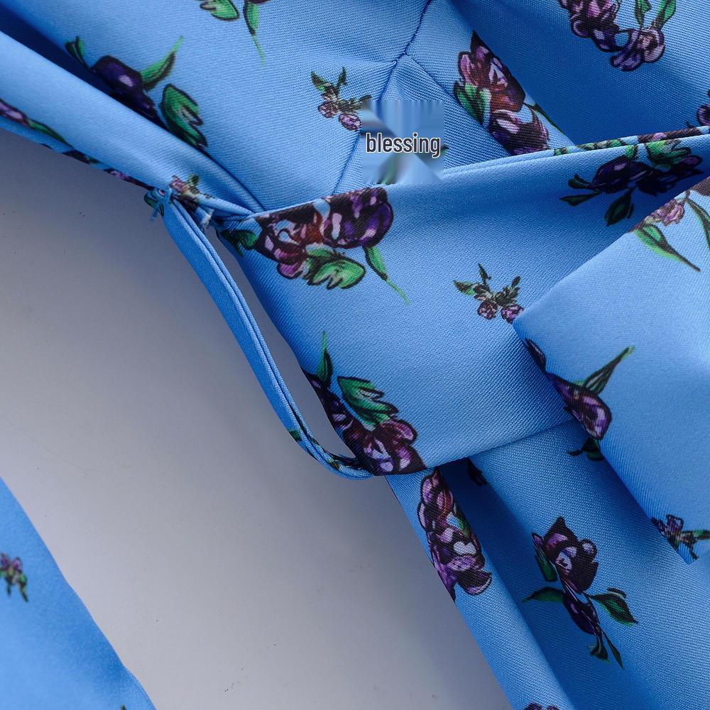 Spring-Summer V-Neck Floral Blue Dress for Women - Long Sleeve, Belted, Slim Fit