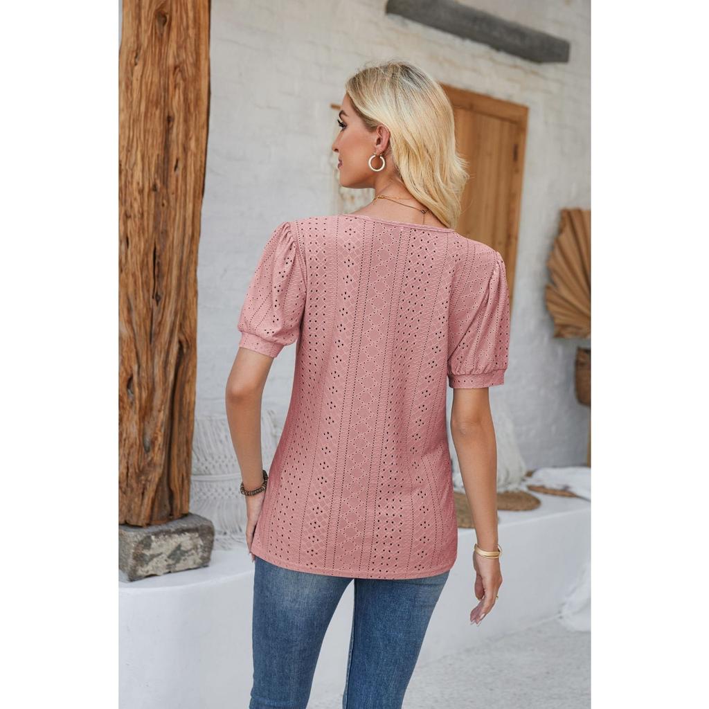 GMXIA Women's Spring Summer Buttoned Round Neck Puffy Sleeve Loose Solid Color T-shirt