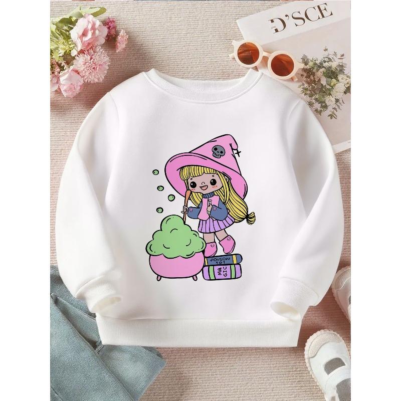 Kids Crewneck Sweatshirt, Cute Potion Witch Halloween Graphic Print, Soft Casual Long Sleeve Pullover 110 белый