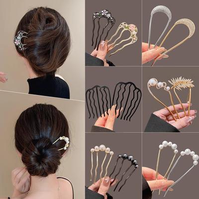 Neue Haarnadel Damen Scheibenhaar Artefakt U-förmig Fixiert Vierzinkiger Einsteckkamm Haarnadel Antiker Stil Blume Kopfschmuck