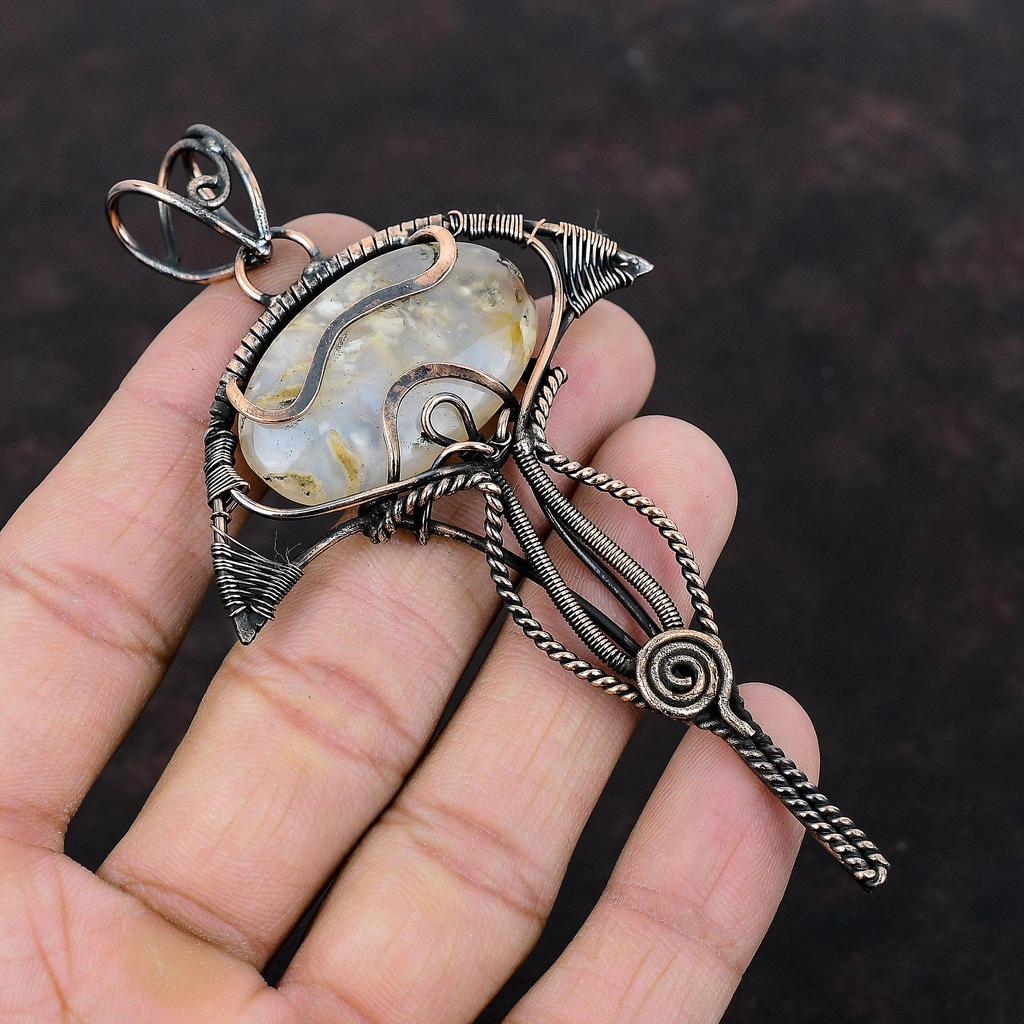 Plume Agate Pendant Copper Wire Wrapped Pendant Stylish Pendant Plume Agate Gemstone Jewelry Handmade Pendant Copper Jewelry Gift For Mother