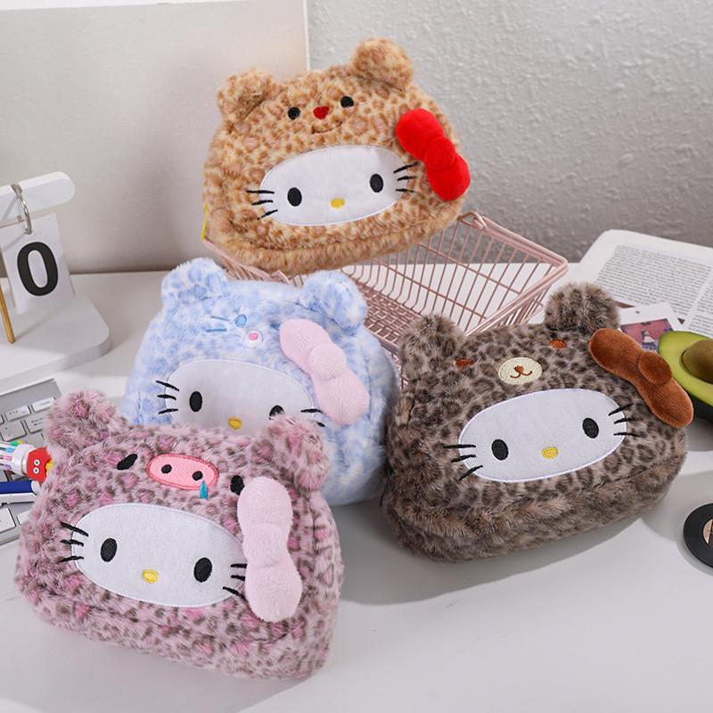 Plush Leopard Print Hellokitty Pencil Case With Large Capacity For Students And Kids
