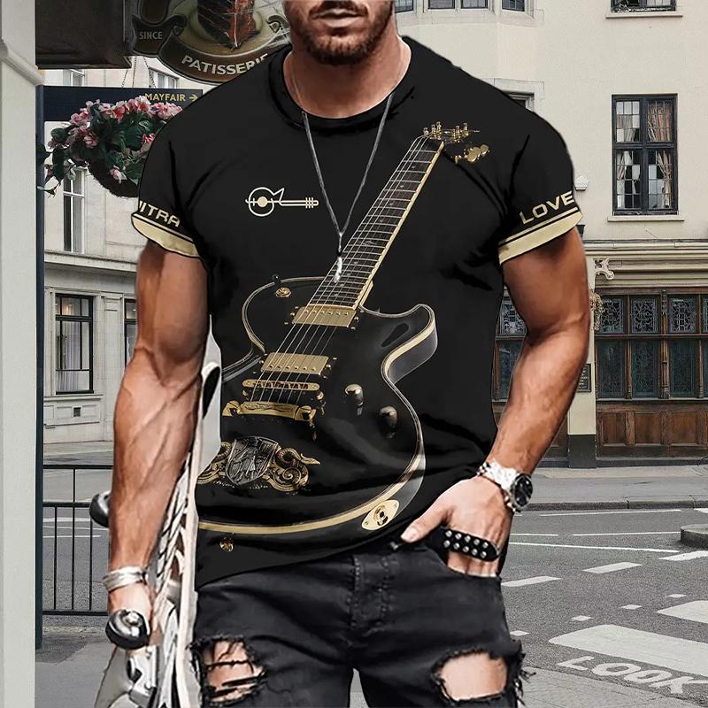 New Summer Men's Fashion T-shirt Personality Guitar Printed Men's T-shirt Top