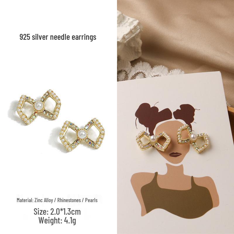 Gold Bow 925 Sterling Silver Pearl Earrings: Korean & Japanese Styles, Small & Exquisite